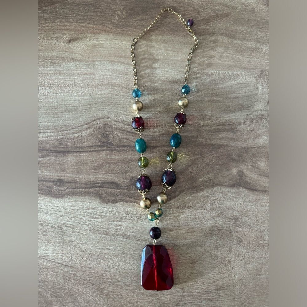 Worthington Multicolored Beaded Pendant Necklace Blue Purple/Burgundy Green